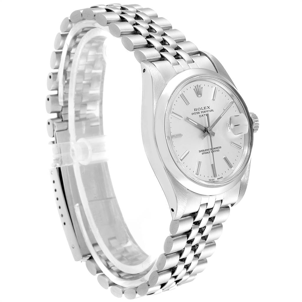 The image shows a side angle of a Rolex Vintage Collection 15000 Men
s Stainless Steel Silver Dial 15000 Men
s Stainless Steel Silver Dial watch highlighting its bracelet, case, and dial.