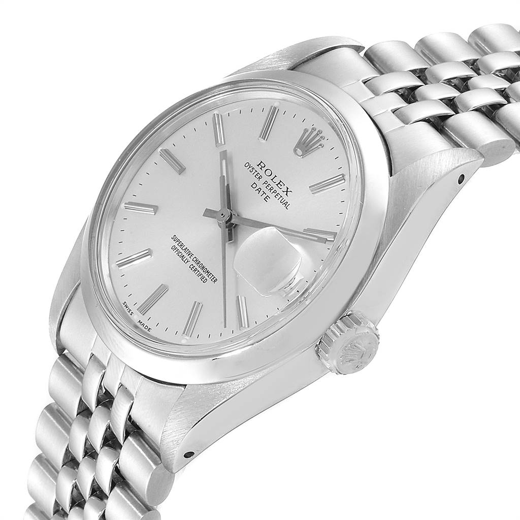 The image shows a close-up, angled view of the Rolex Vintage Collection 15000 Men
s Stainless Steel Silver Dial 15000 Men
s Stainless Steel Silver Dial model, highlighting the face, bracelet, and crown.