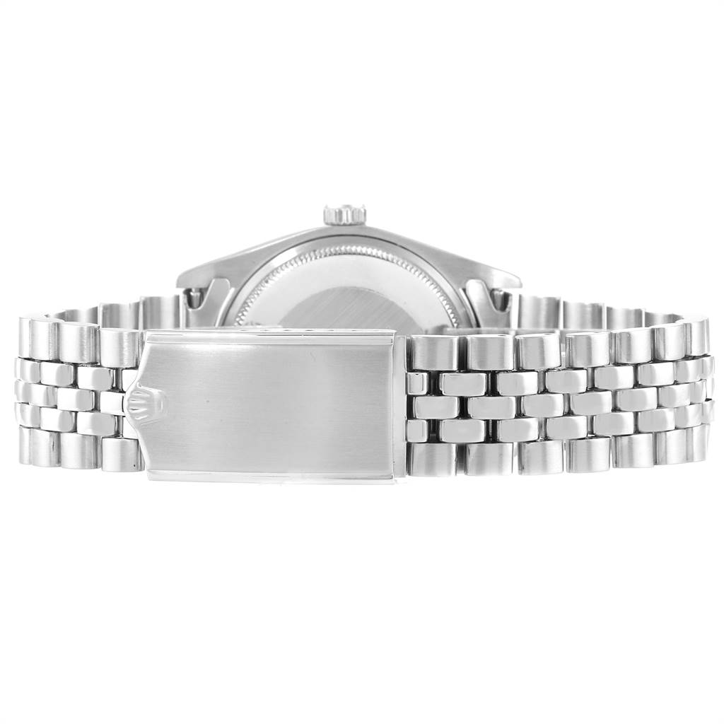 This image shows the back view of a Rolex Vintage Collection 15000 Men
s Stainless Steel Silver Dial 15000 Men
s Stainless Steel Silver Dial watch, highlighting the bracelet and clasp.