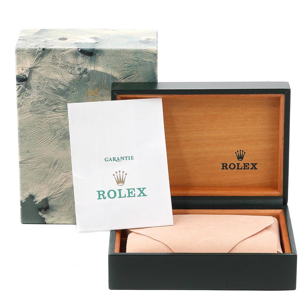 The image shows the opened packaging box, outer box, and warranty booklet for the Rolex Vintage Collection 5500 Men's Stainless Steel Blue Dial 5500 Men's Stainless Steel Blue Dial model.
