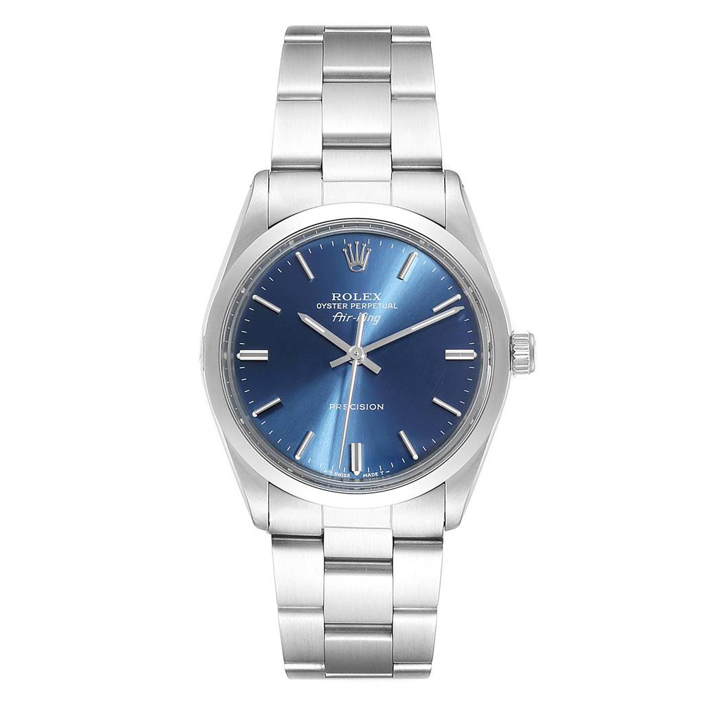 The Rolex Vintage Collection 5500 Men's Stainless Steel Blue Dial 5500 Men's Stainless Steel Blue Dial model watch is shown from a front angle, displaying the face, bezel, and bracelet.