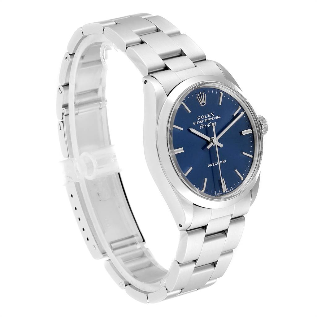 The image shows a Rolex Vintage Collection 5500 Men's Stainless Steel Blue Dial 5500 Men's Stainless Steel Blue Dial model watch with a side-angle view of its face, bezel, crown, and bracelet.