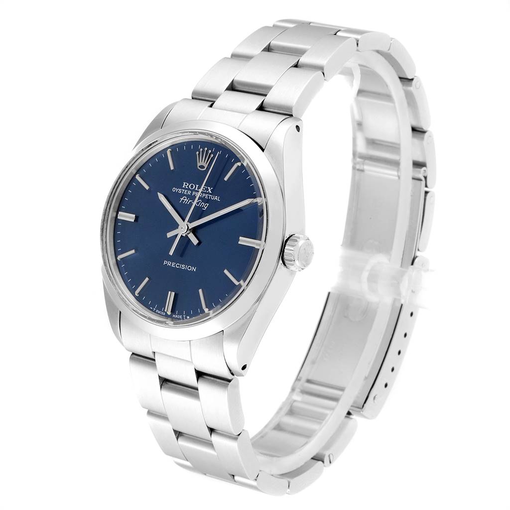 The Rolex Vintage Collection 5500 Men's Stainless Steel Blue Dial 5500 Men's Stainless Steel Blue Dial model watch is shown at a slight angle, highlighting the face, bezel, case, crown, and bracelet.