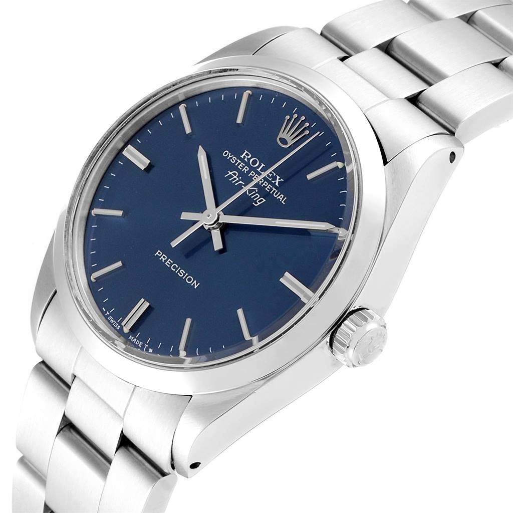This image shows a close-up of the Rolex Vintage Collection 5500 Men's Stainless Steel Blue Dial 5500 Men's Stainless Steel Blue Dial Precision model's face and part of the band, viewed at a slight angle.