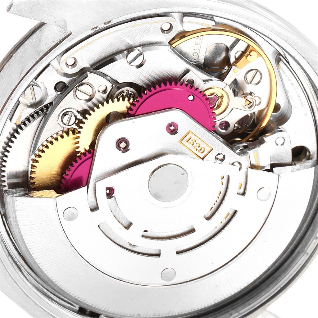 This close-up image shows the intricate internal mechanical parts of a Rolex Vintage Collection 5500 Men's Stainless Steel Blue Dial 5500 Men's Stainless Steel Blue Dial watch movement.