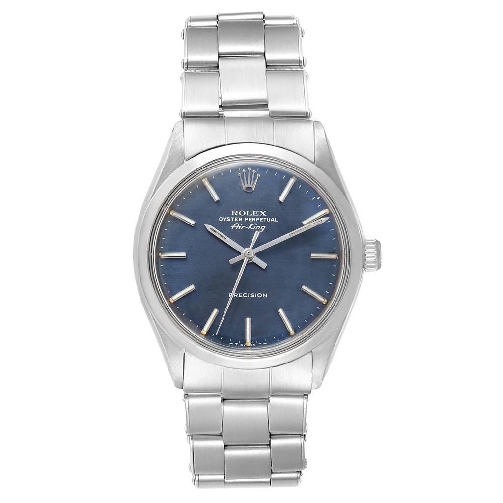 The image shows a front view of a Vintage Collection Rolex Oyster Perpetual Air-King watch with a blue dial and silver bracelet.