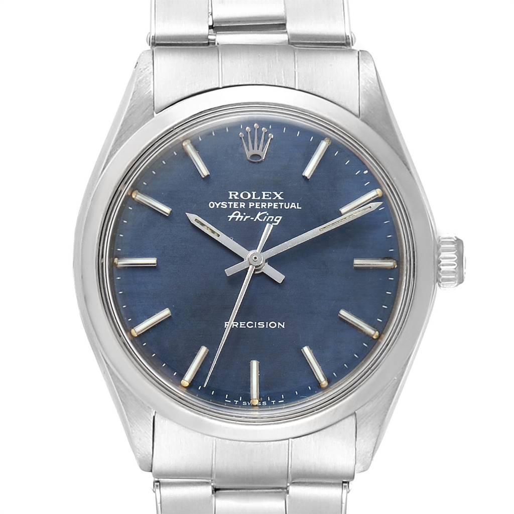 This image shows a front view of the Rolex Vintage Collection 5500 Men's Stainless Steel Blue Dial 5500 Men's Stainless Steel Blue Dial Air-King watch.