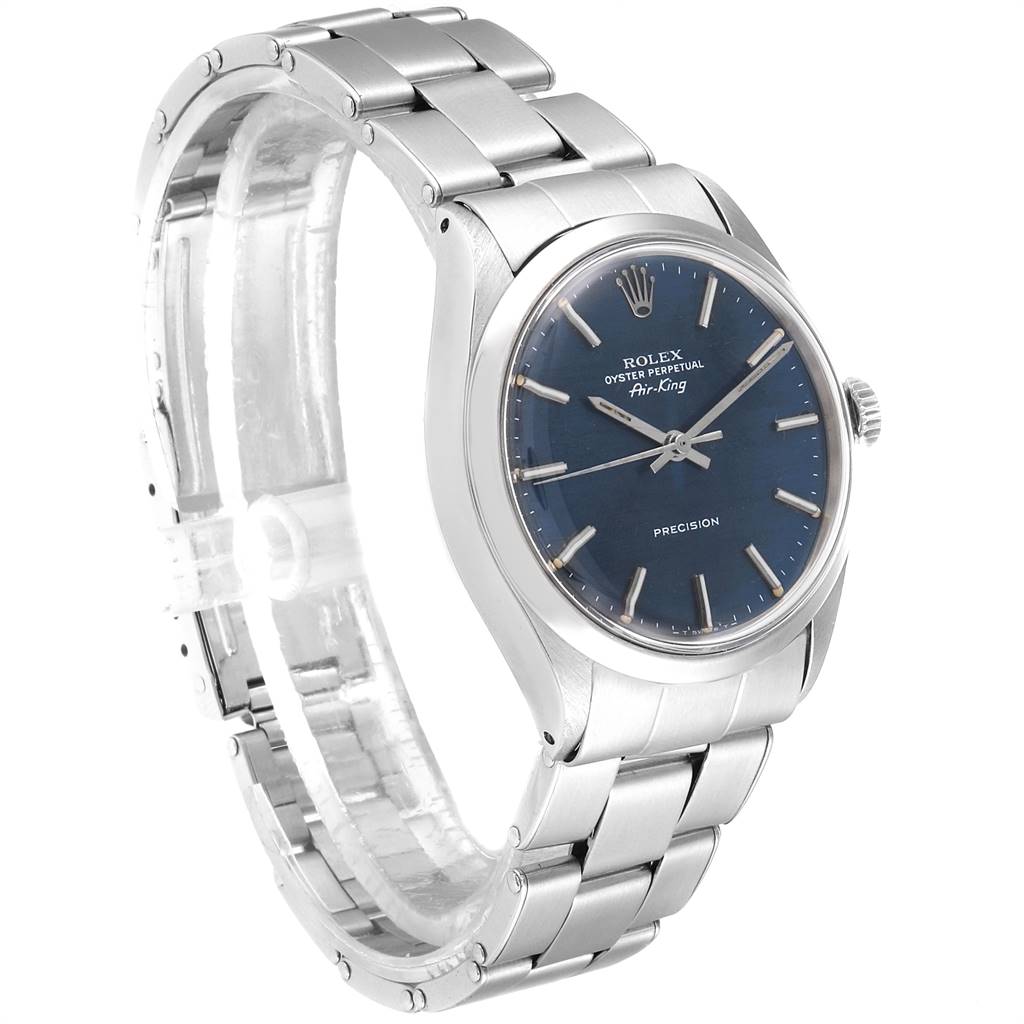 The Rolex Vintage Collection 5500 Men's Stainless Steel Blue Dial 5500 Men's Stainless Steel Blue Dial watch is shown at a three-quarter angle, highlighting the face, bezel, and metal strap.