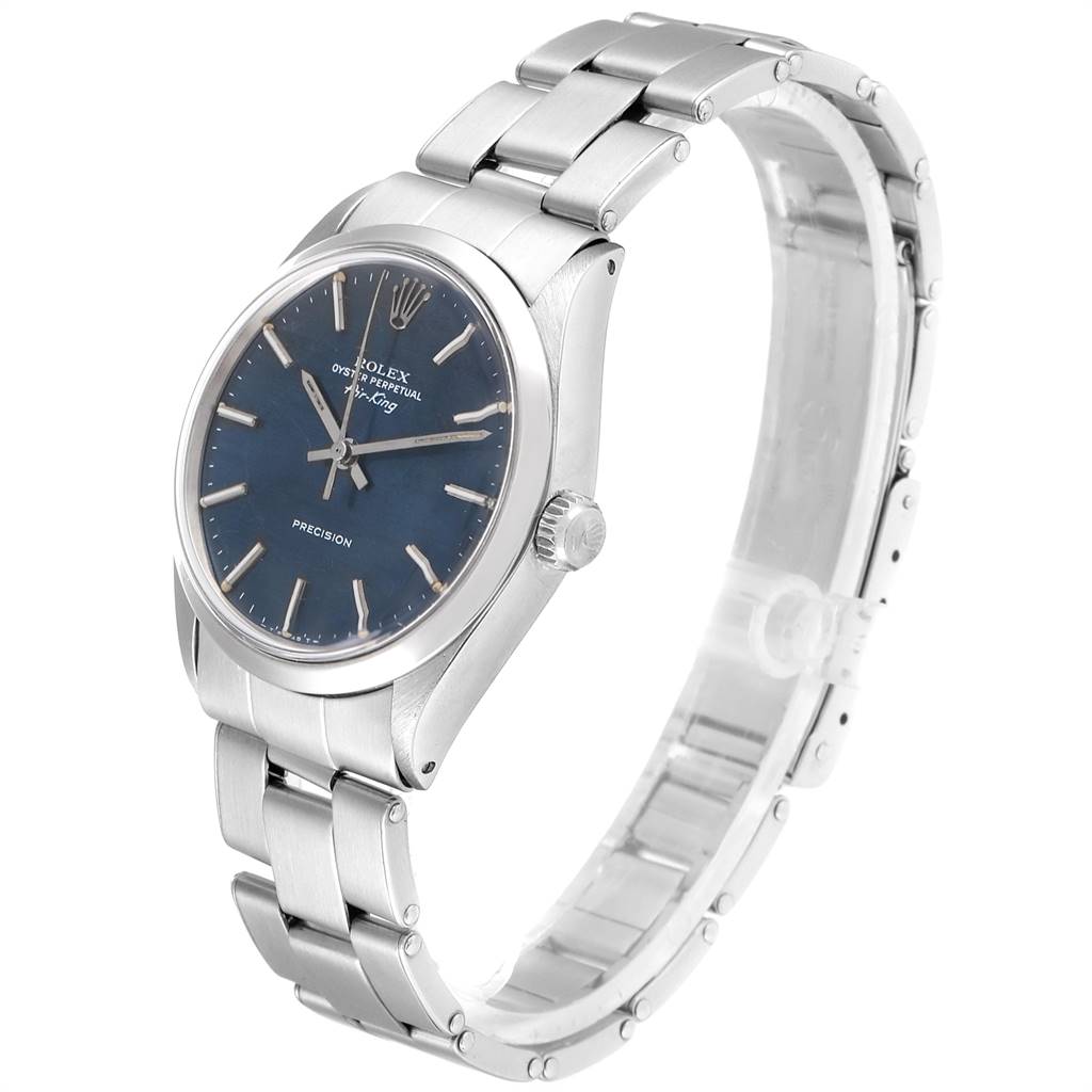 This image shows the Rolex Vintage Collection 5500 Men's Stainless Steel Blue Dial 5500 Men's Stainless Steel Blue Dial watch at a three-quarter angle, highlighting the face, dial, crown, and stainless steel bracelet.