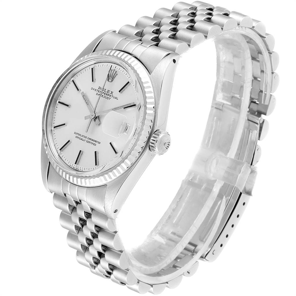 This image shows a side-angle view of the Rolex Vintage Collection 1601 Men
s Stainless Steel Silver Dial 1601 Men
s Stainless Steel Silver Dial model, highlighting the watch face, bezel, and bracelet.