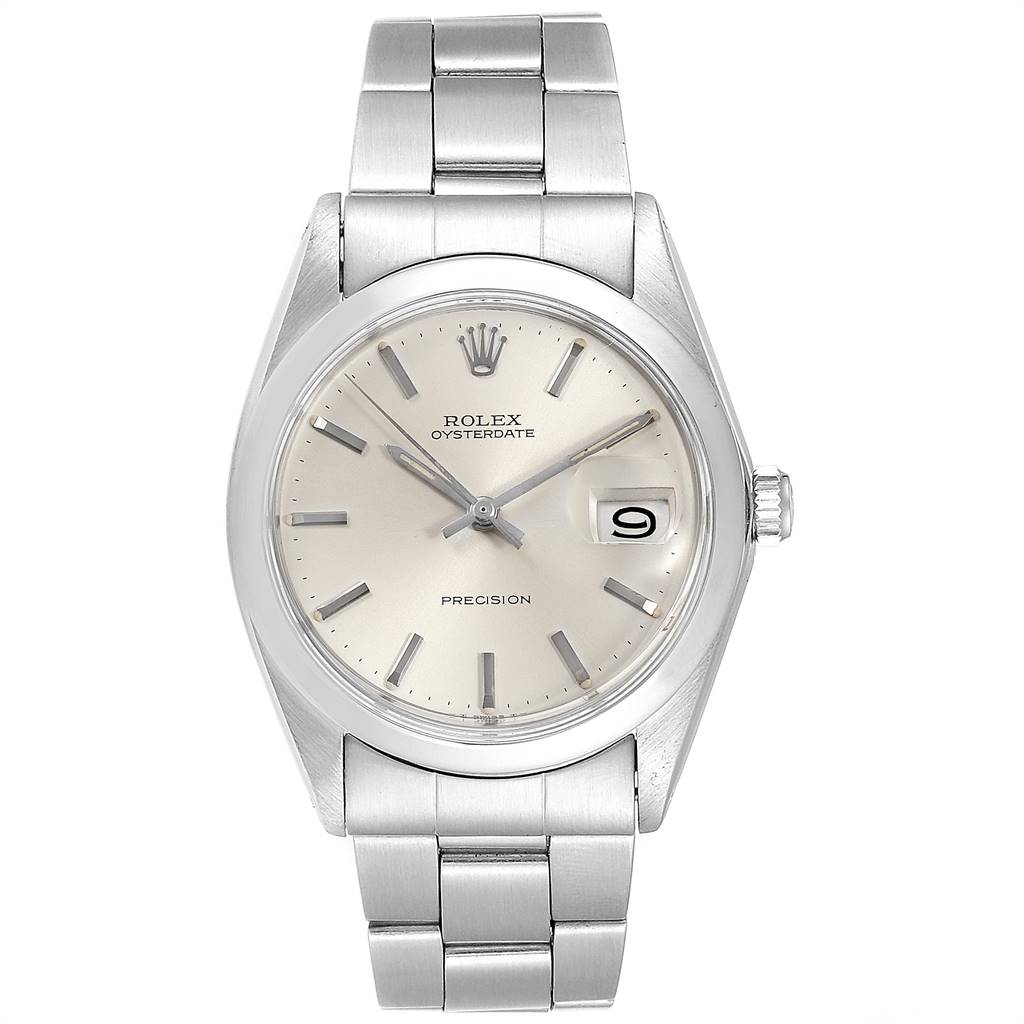 The image shows a front view of a Rolex Vintage Collection 6694 Men
s Stainless Steel Silver Dial 6694 Men
s Stainless Steel Silver Dial Oysterdate Precision watch with its dial, case, and bracelet visible.