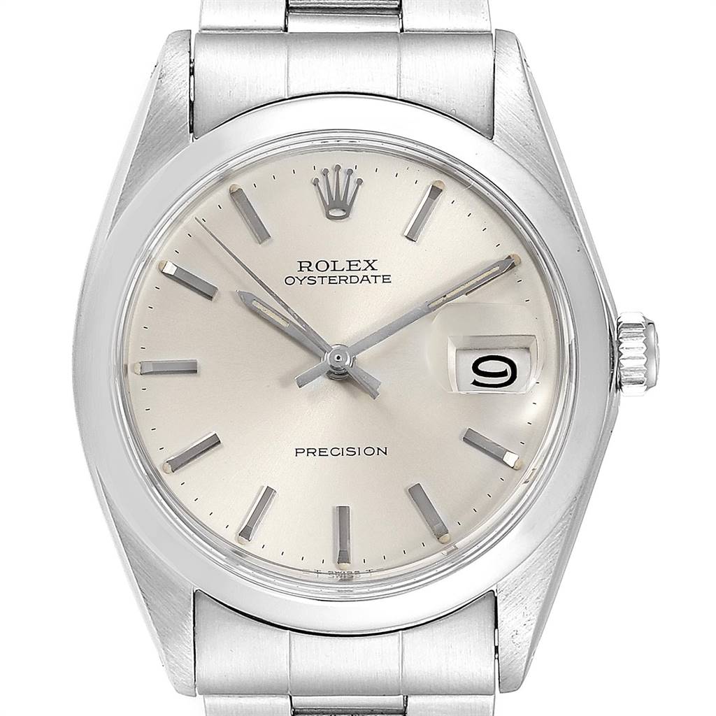 This image shows a front view of the Rolex Vintage Collection 6694 Men
s Stainless Steel Silver Dial 6694 Men
s Stainless Steel Silver Dial Oysterdate Precision watch displaying the dial, hands, crown, and part of the bracelet.