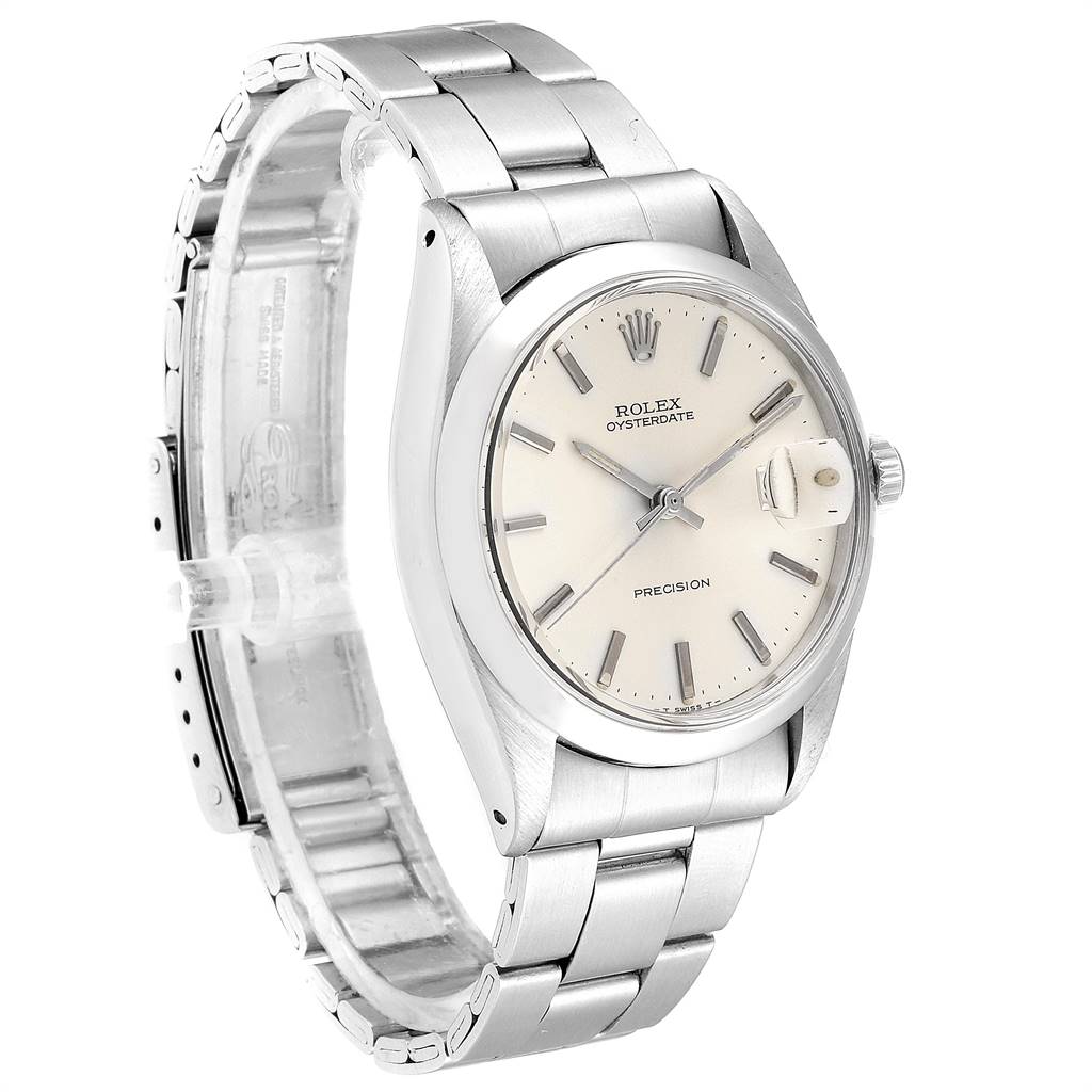 The image shows a side angle of the Rolex Oysterdate Precision watch from the Vintage Collection, focusing on the dial and bracelet.