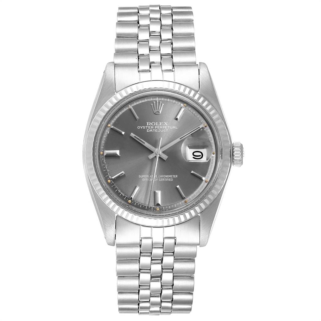 This image shows the front view of the Rolex Vintage Collection 1601 Men's Stainless Steel Grey Dial 1601 Men's Stainless Steel Grey Dial watch, highlighting the dial, bezel, and bracelet.
