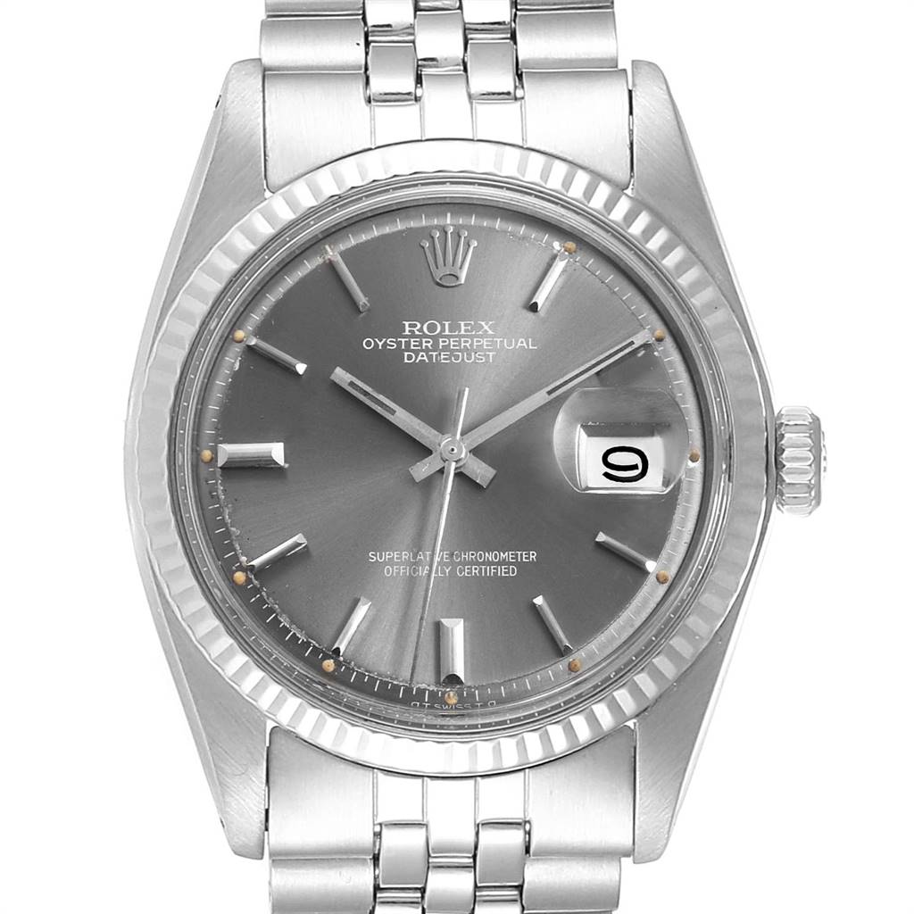 The image shows a front view of the Rolex Vintage Collection 1601 Men's Stainless Steel Grey Dial 1601 Men's Stainless Steel Grey Dial Oyster Perpetual Datejust watch, displaying the dial, hands, date window, and bracelet.