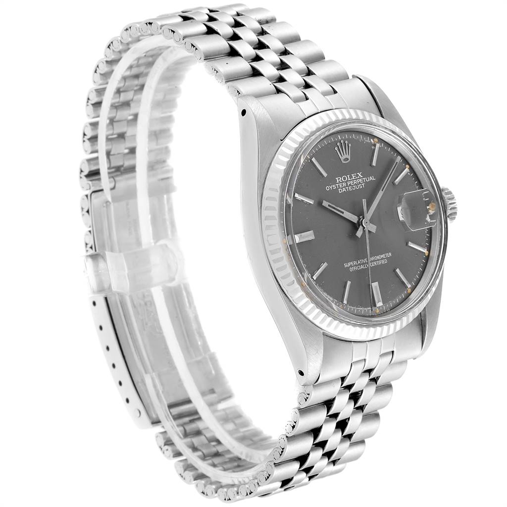 This side-angle view shows the face, bezel, crown, and bracelet of the Vintage Collection model by Rolex.