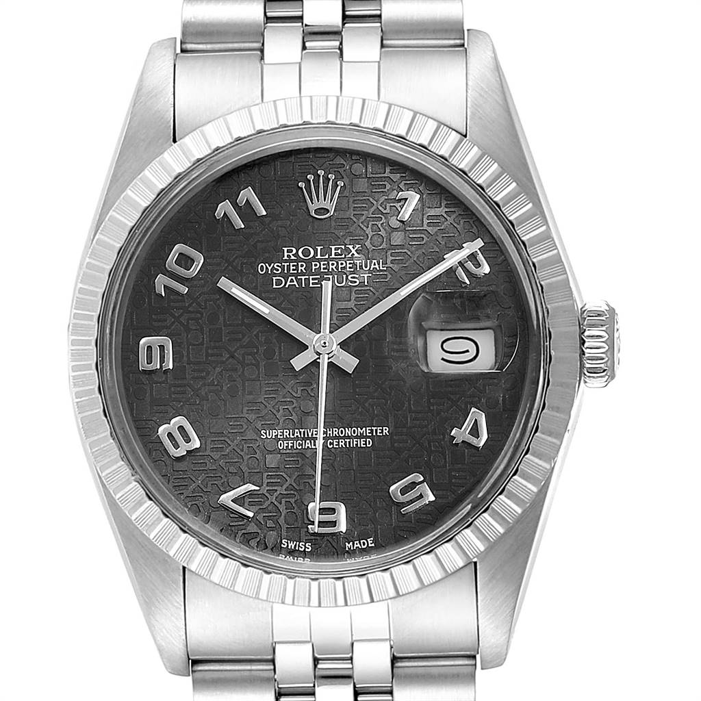 This image shows a front view of the Rolex Vintage Collection 16030 Men's Stainless Steel Grey Dial 16030 Men's Stainless Steel Grey Dial Oyster Perpetual Datejust watch, featuring the dial, hands, bezel, and crown.
