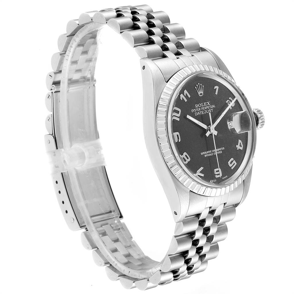 This image shows a side angle of the Rolex Vintage Collection 16030 Men's Stainless Steel Grey Dial 16030 Men's Stainless Steel Grey Dial watch, including its face, bezel, crown, and Jubilee bracelet.