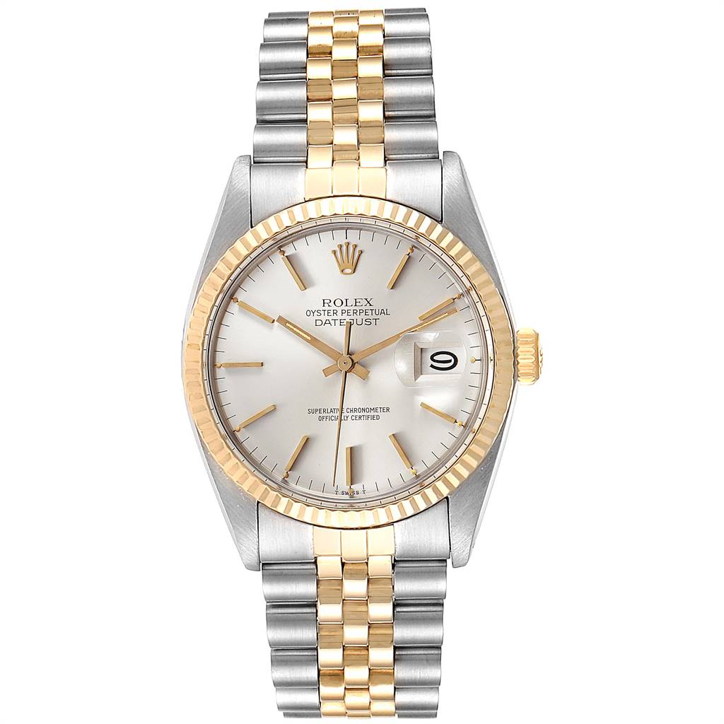 The Rolex Vintage Collection 16013 Men
s Stainless Steel Silver Dial 16013 Men
s Stainless Steel Silver Dial Datejust model is shown from the front, highlighting its face, bezel, crown, and two-tone bracelet.