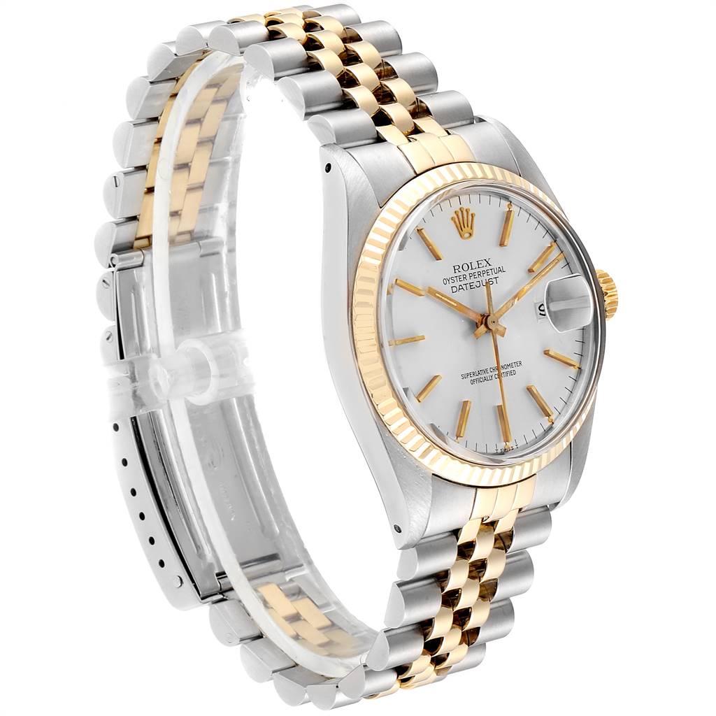 The Rolex Vintage Collection 16013 Men
s Stainless Steel Silver Dial 16013 Men
s Stainless Steel Silver Dial watch is shown at a three-quarter angle, highlighting the face, bezel, and two-tone bracelet.