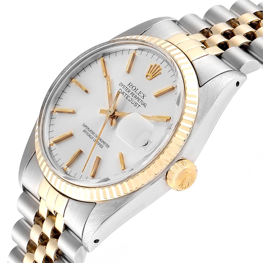 The image shows a close-up, angled view of the Vintage Collection Rolex Datejust watch, displaying the face, bezel, crown, and part of the bracelet.