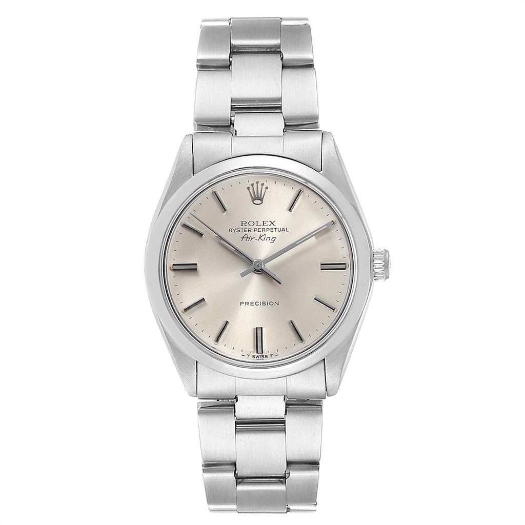 This image shows a full frontal view of the Rolex Vintage Collection 5500 Men's Stainless Steel Silver Dial 5500 Men's Stainless Steel Silver Dial Air-King model, showcasing its dial, bracelet, and crown.