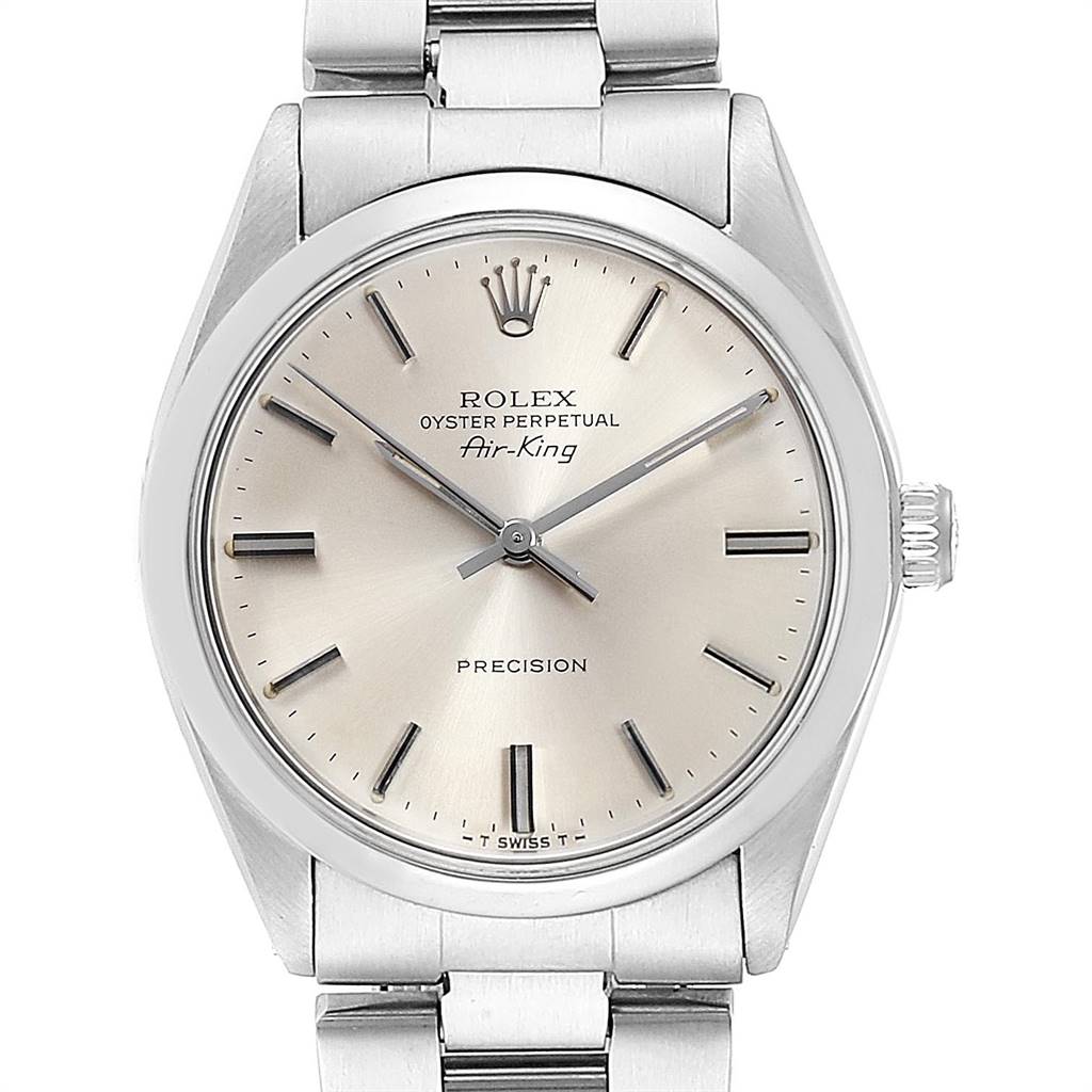 The image shows a front view of a Rolex Vintage Collection 5500 Men's Stainless Steel Silver Dial 5500 Men's Stainless Steel Silver Dial Air-King model watch, highlighting the dial, hands, and part of the bracelet.
