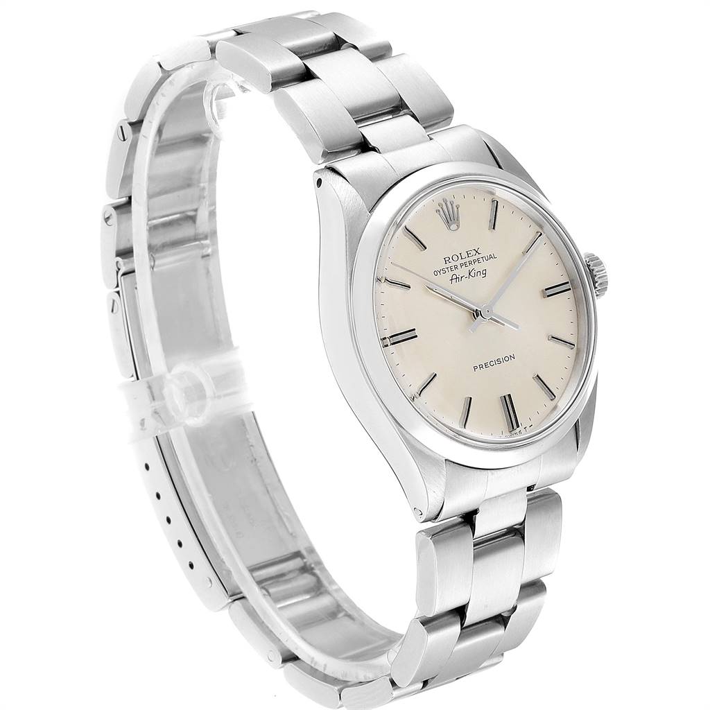 This image shows a Rolex Vintage Collection 5500 Men's Stainless Steel Silver Dial 5500 Men's Stainless Steel Silver Dial Air-King watch, angled to display its face, band, and side profile.