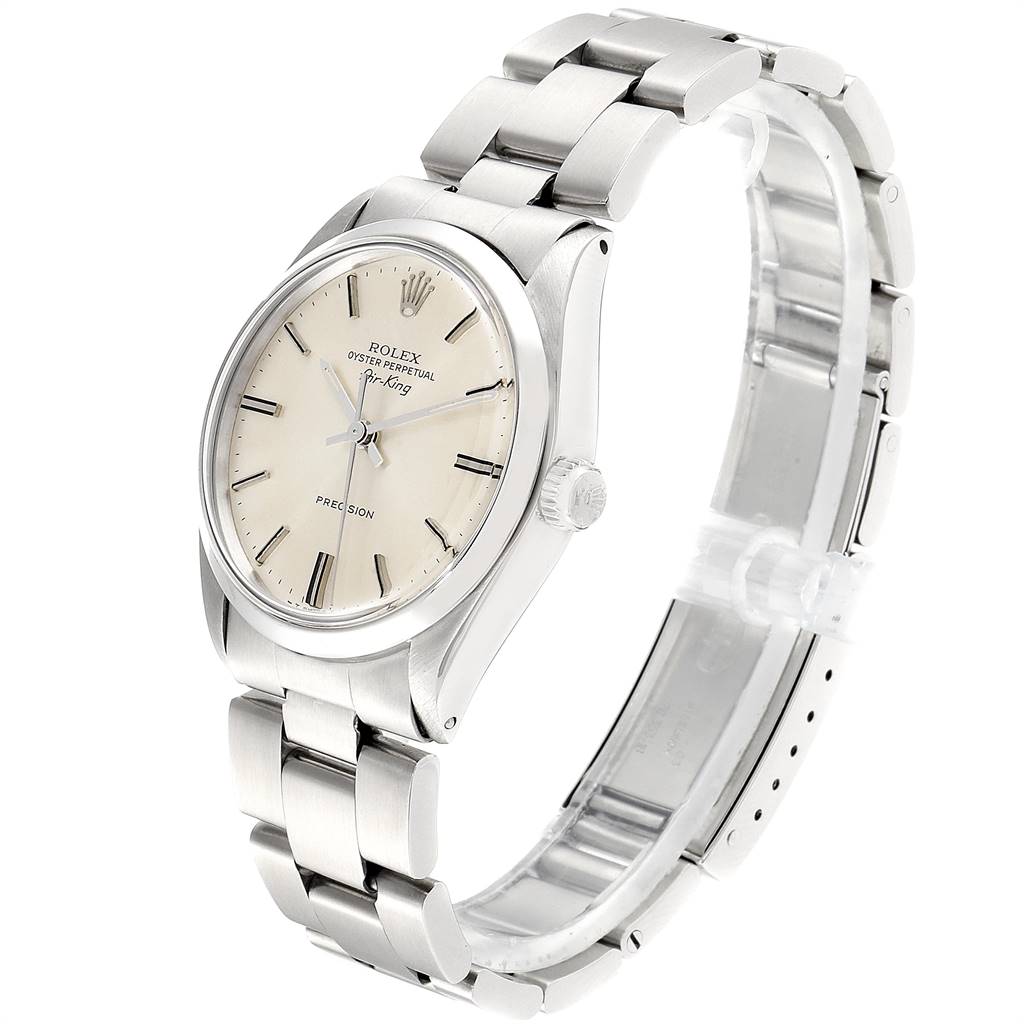 The image shows a side view of a Rolex Vintage Collection 5500 Men's Stainless Steel Silver Dial 5500 Men's Stainless Steel Silver Dial watch, showcasing its face, bezel, crown, and part of the bracelet.