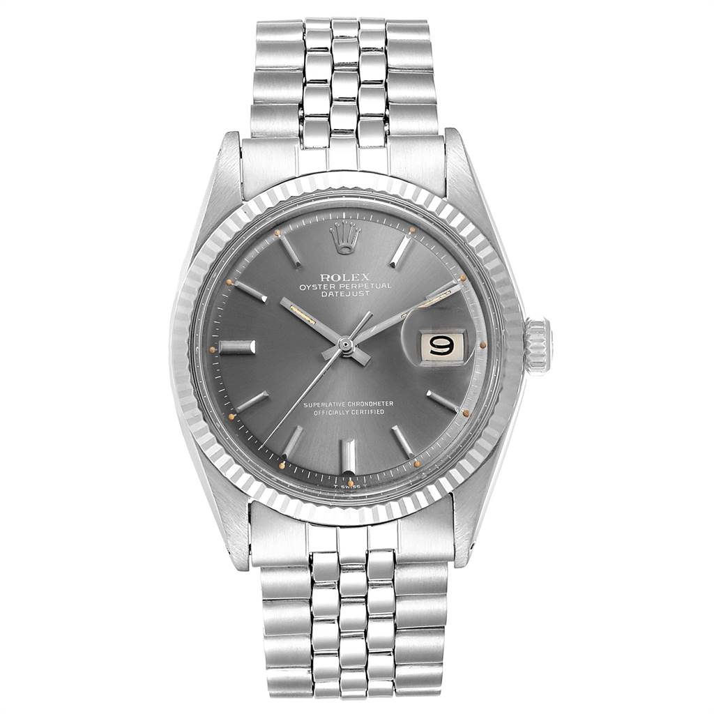 The image shows a front view of the Rolex Vintage Collection 1601 Men's Stainless Steel Grey Dial 1601 Men's Stainless Steel Grey Dial watch, displaying the dial, hands, date window, and bracelet.