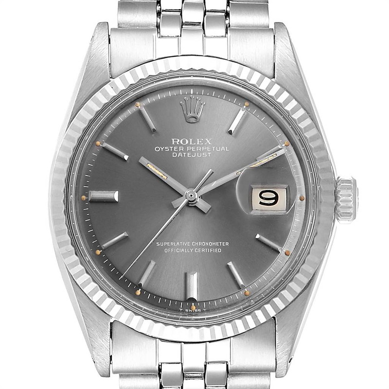 Rolex Datejust Steel White Gold Grey Dial Vintage Mens Watch 1601 SwissWatchExpo