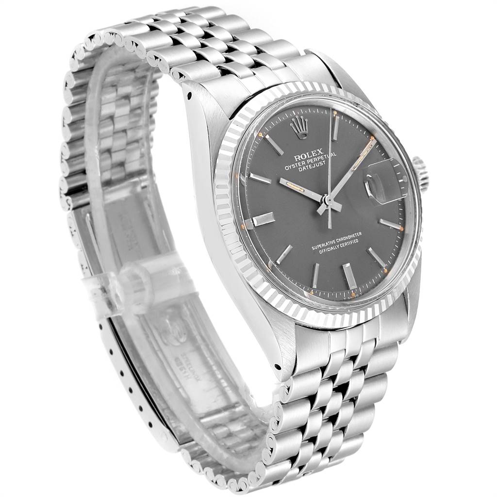 The image shows a Rolex Vintage Collection 1601 Men's Stainless Steel Grey Dial 1601 Men's Stainless Steel Grey Dial watch at an angled side view, highlighting the face, bezel, crown, and bracelet.