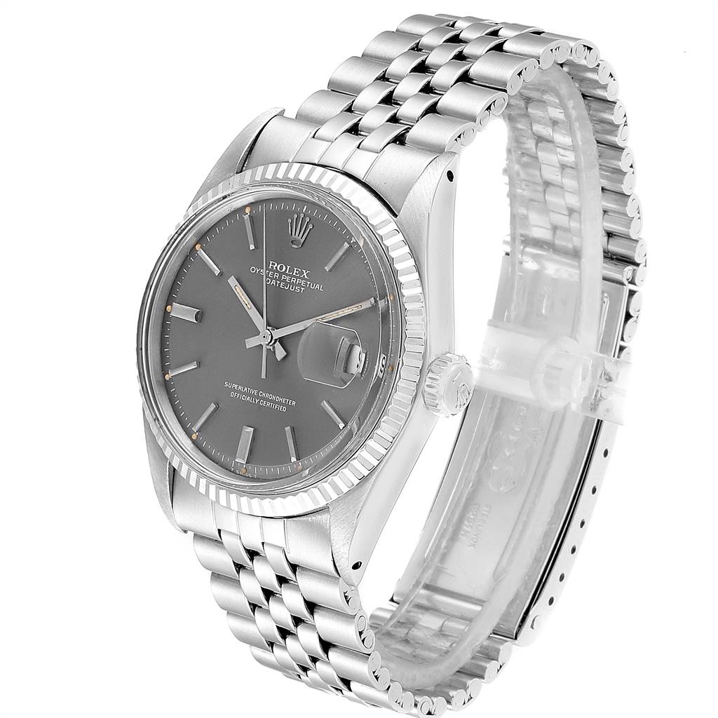 The image shows a Rolex Vintage Collection 1601 Men's Stainless Steel Grey Dial 1601 Men's Stainless Steel Grey Dial model at a slight side angle, featuring the watch face, bezel, crown, and bracelet.