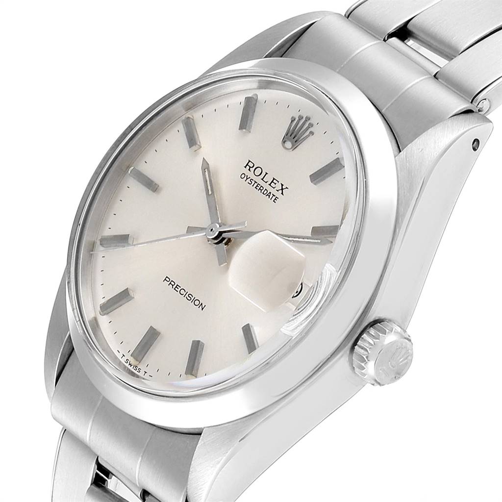 The Rolex Vintage Collection 6694 Men
s Stainless Steel Silver Dial 6694 Men
s Stainless Steel Silver Dial watch is shown at an angle highlighting its face, dial, date window, crown, and part of the strap.