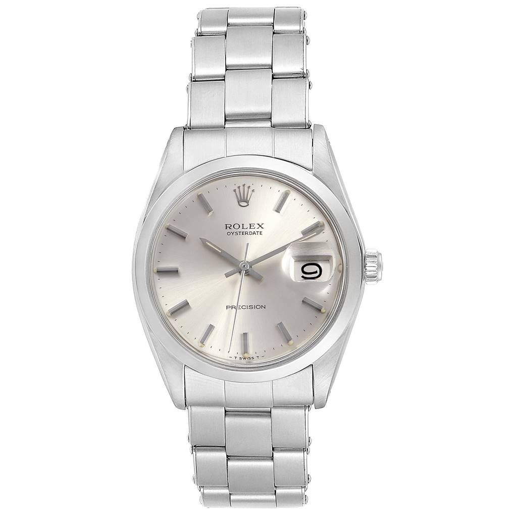 This image shows a front view of the Rolex Vintage Collection 6694 Men
s Stainless Steel Silver Dial 6694 Men
s Stainless Steel Silver Dial model, highlighting its dial, bracelet, and date window.