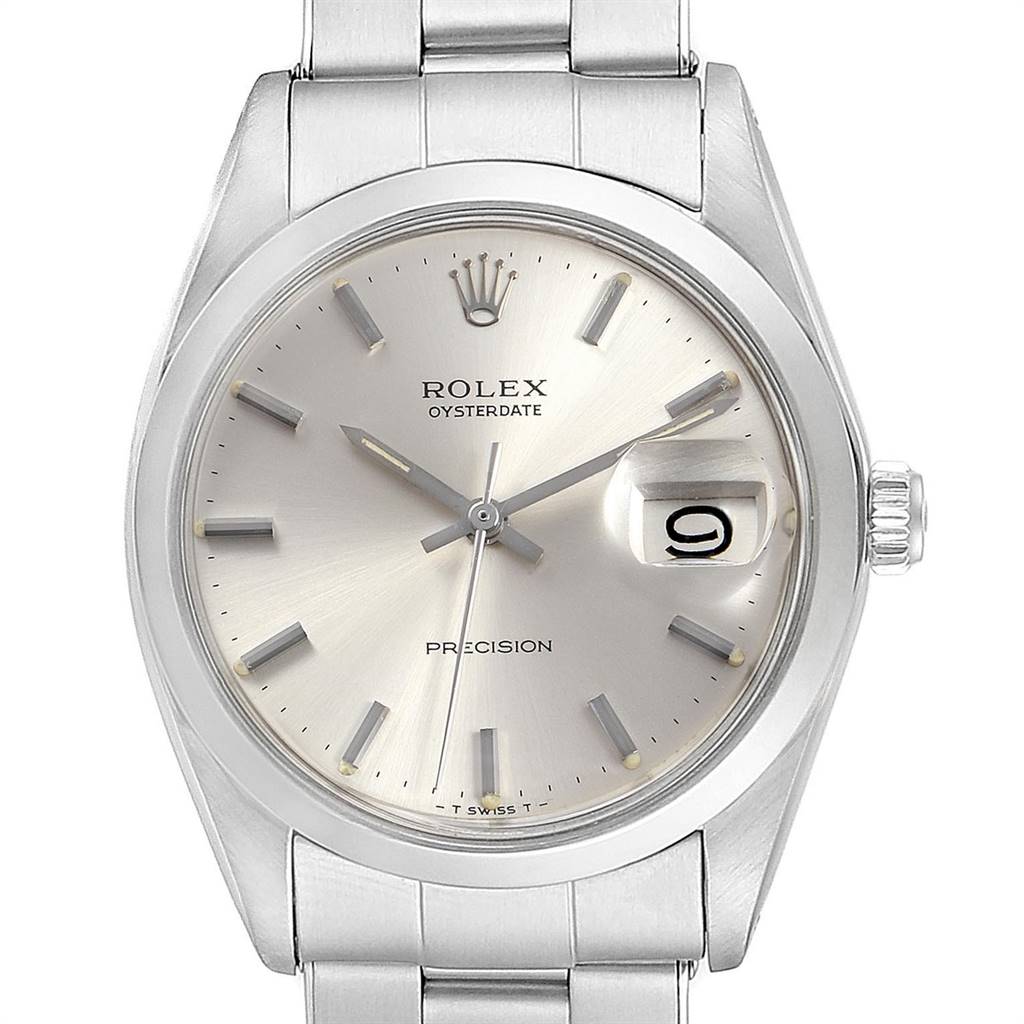This image shows the Rolex Vintage Collection 6694 Men
s Stainless Steel Silver Dial 6694 Men
s Stainless Steel Silver Dial watch front-facing, highlighting the dial, hour markers, hands, and date window.