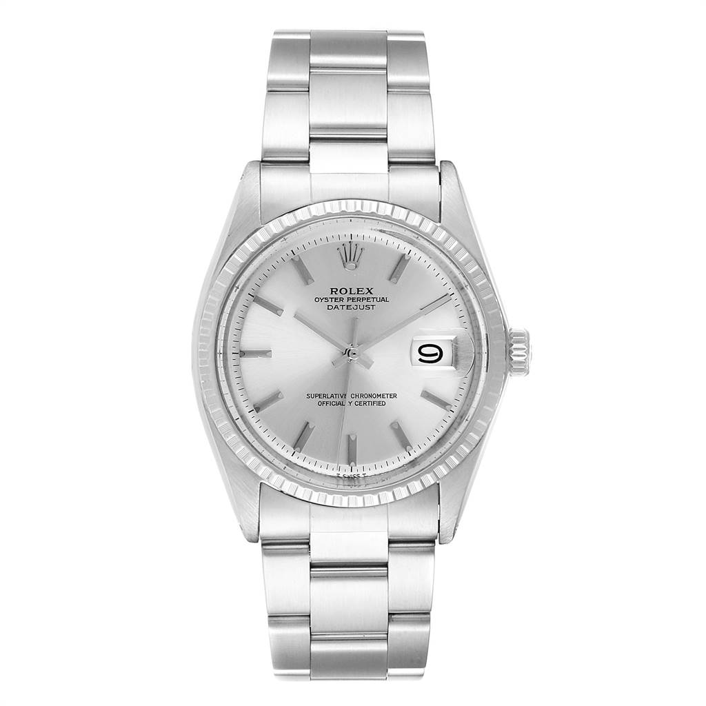 This image shows a front view of the Rolex Vintage Collection 1603 Men
s Stainless Steel Silver Dial 1603 Men
s Stainless Steel Silver Dial Datejust model watch, displaying its face, bezel, and bracelet.