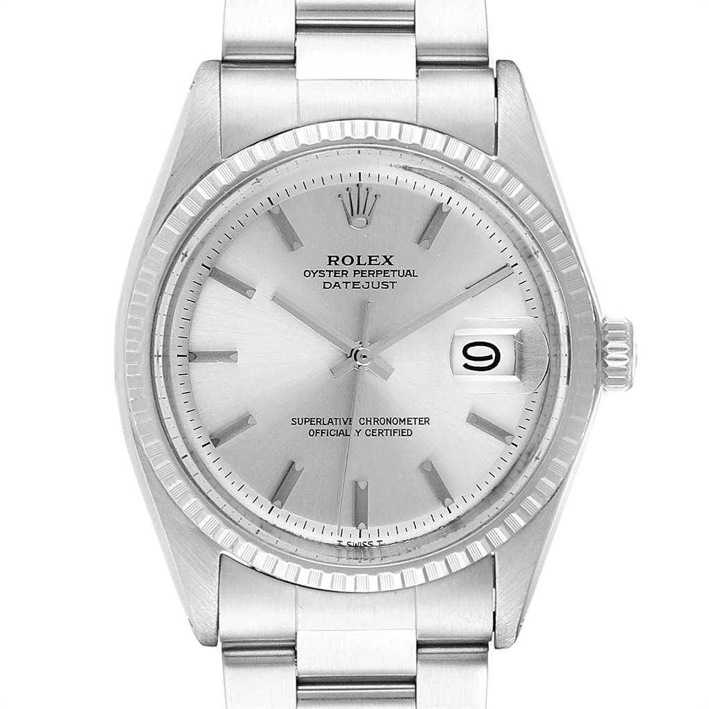 The image shows a front view of a Rolex Vintage Collection 1603 Men
s Stainless Steel Silver Dial 1603 Men
s Stainless Steel Silver Dial Oyster Perpetual Datejust watch, focusing on its dial, bezel, and bracelet.