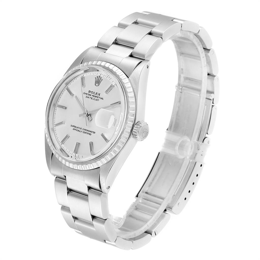 The image shows a three-quarter angle view of a Rolex Vintage Collection 1603 Men
s Stainless Steel Silver Dial 1603 Men
s Stainless Steel Silver Dial watch, featuring its face, bezel, and bracelet.