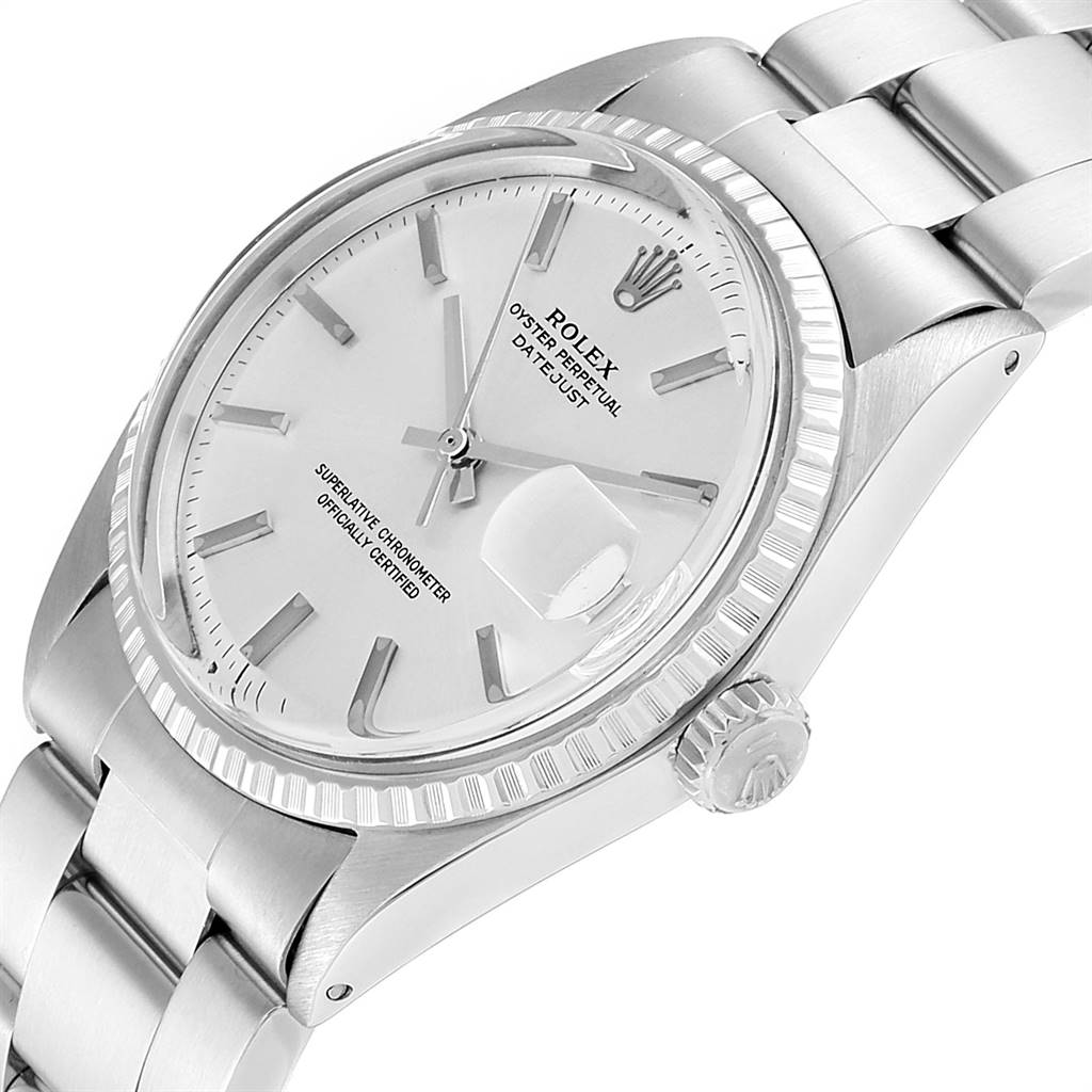 The Rolex Vintage Collection 1603 Men
s Stainless Steel Silver Dial 1603 Men
s Stainless Steel Silver Dial model is shown at an angle highlighting the dial, crown, and part of the bracelet.