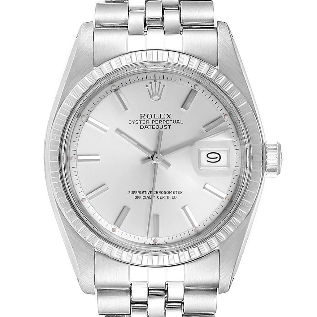 This image shows a front view of the Rolex Vintage Collection 1601 Men
s Stainless Steel Silver Dial 1601 Men
s Stainless Steel Silver Dial watch model, featuring the dial, bezel, crown, and part of the bracelet.
