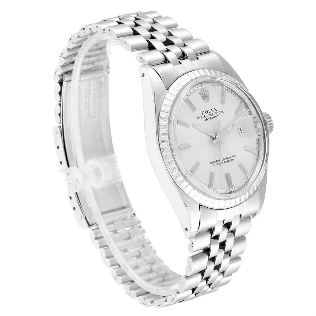 The Rolex Vintage Collection 1601 Men
s Stainless Steel Silver Dial 1601 Men
s Stainless Steel Silver Dial watch is shown at an angle highlighting the side of the case, bracelet, dial, and crown.