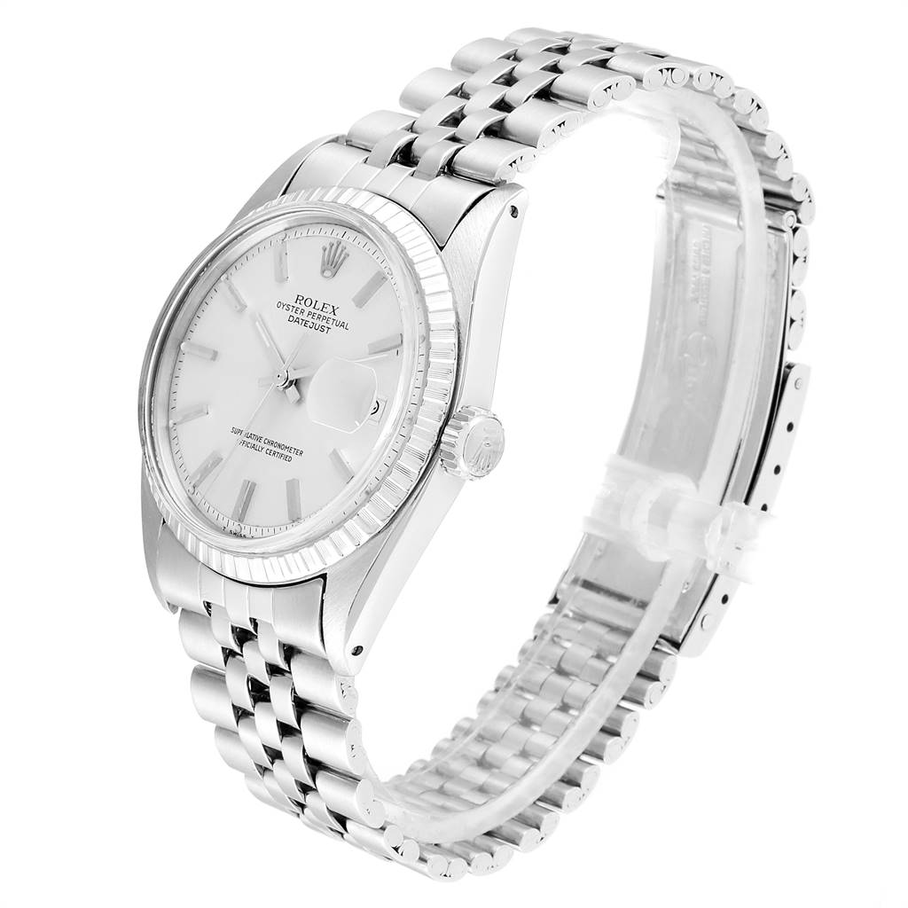 The image shows a side angle of a Rolex Vintage Collection 1601 Men
s Stainless Steel Silver Dial 1601 Men
s Stainless Steel Silver Dial model, highlighting the watch face, bezel, crown, and metal bracelet.