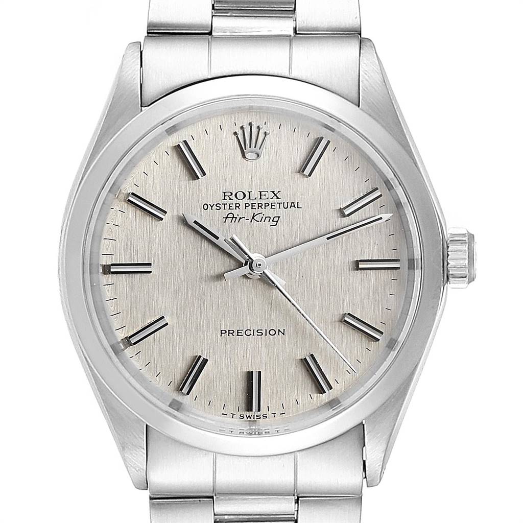 The image shows a front view of the Rolex Vintage Collection 5500 Men
s Stainless Steel Silver Dial 5500 Men
s Stainless Steel Silver Dial model watch, specifically the Oyster Perpetual Air-King, displaying its dial, crown, and bracelet.