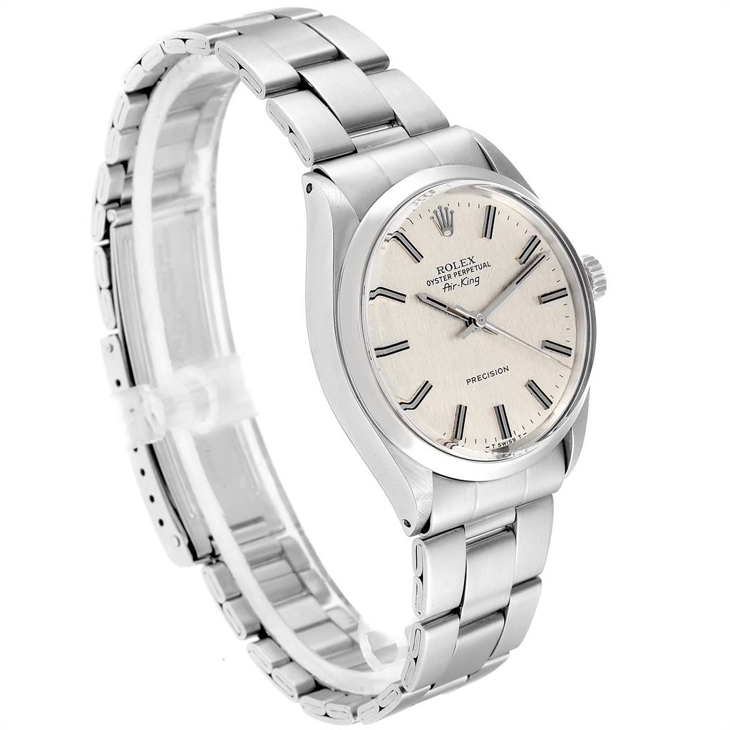 The Rolex Vintage Collection 5500 Men
s Stainless Steel Silver Dial 5500 Men
s Stainless Steel Silver Dial model watch is shown from an angled side view, displaying its face, bracelet, and clasp.
