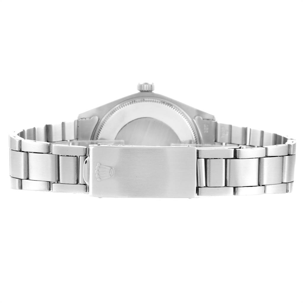 The image shows the back view of the Rolex Vintage Collection 5500 Men
s Stainless Steel Silver Dial 5500 Men
s Stainless Steel Silver Dial watch, focusing on its clasp and bracelet.