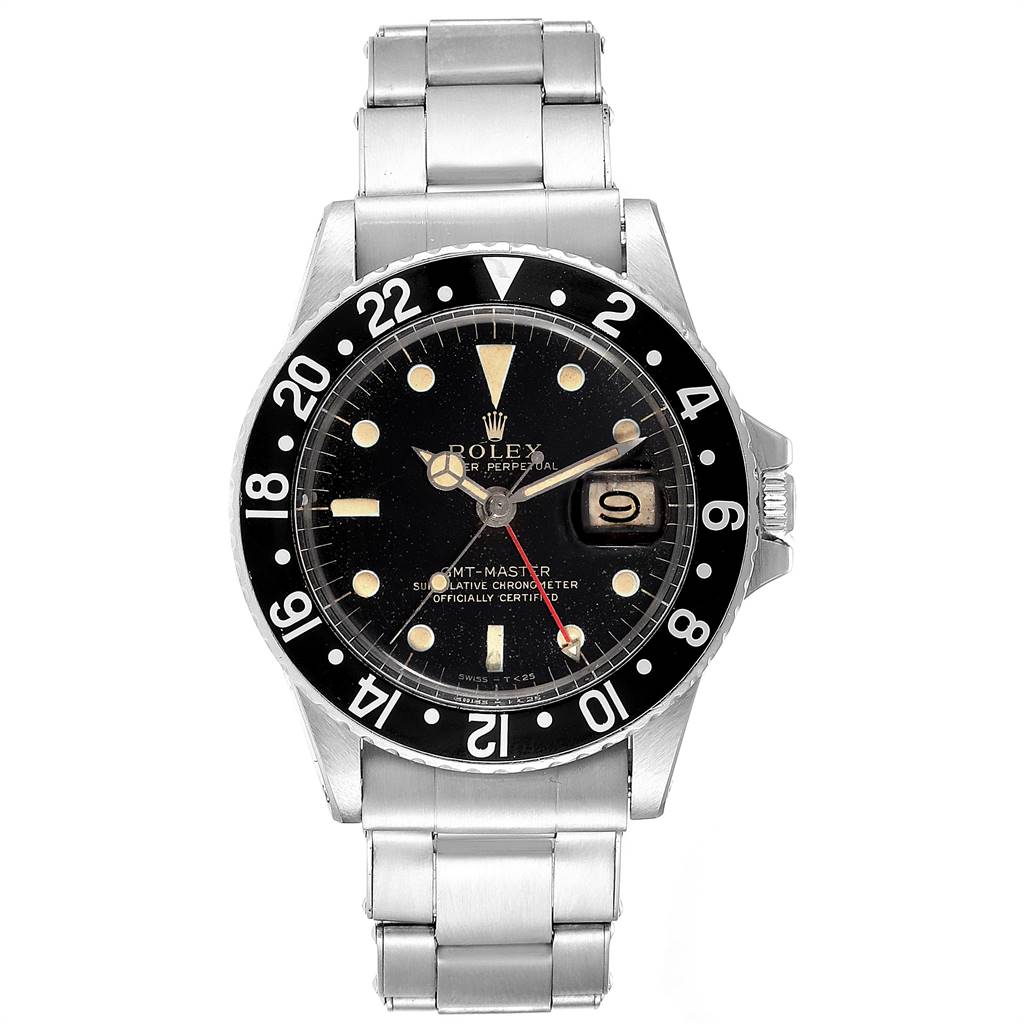 The image shows a front view of a Vintage Collection Rolex GMT-Master watch, highlighting the dial, bezel, and bracelet.