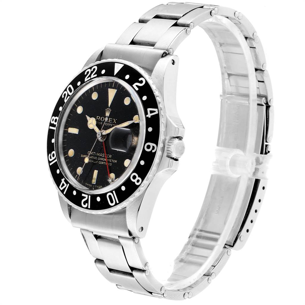 The shown Rolex Vintage Collection 1675 Men
s Stainless Steel Black Dial 1675 Men
s Stainless Steel Black Dial watch features a side angle, highlighting the black bezel, dial, hour markers, and stainless steel bracelet.