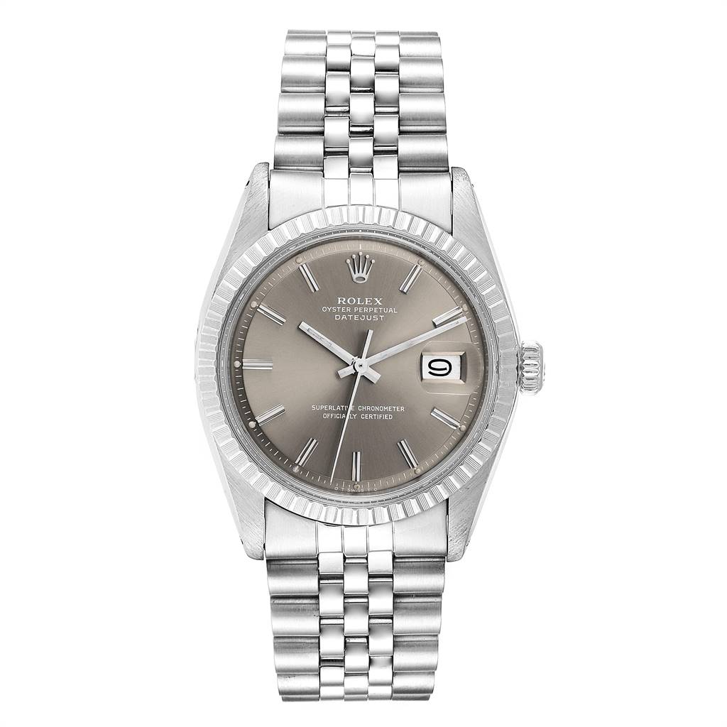 This image shows a Rolex Vintage Collection 1603 Men
s Stainless Steel Brown Dial 1603 Men
s Stainless Steel Brown Dial model watch from a top-down angle, featuring its silver bracelet, dial, hands, and date window.