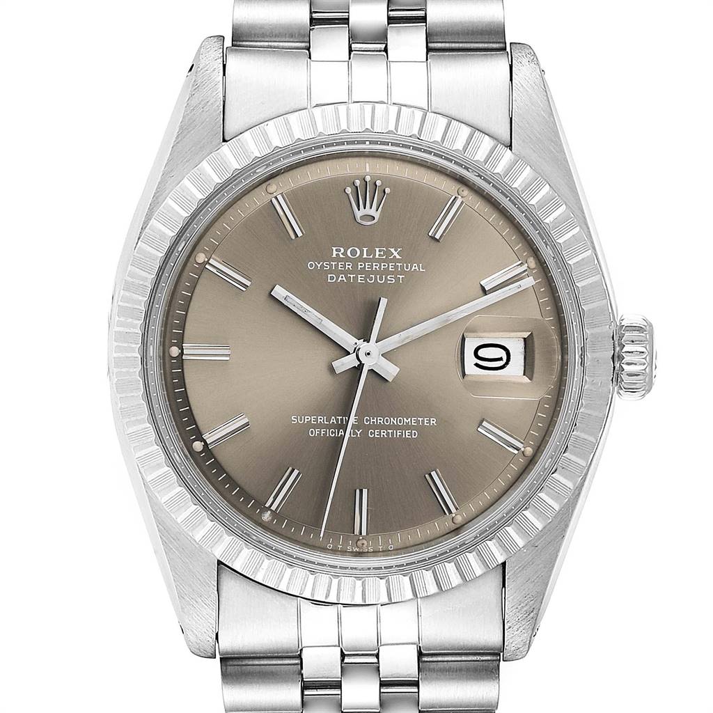 This image shows a frontal view of a Rolex Vintage Collection 1603 Men
s Stainless Steel Brown Dial 1603 Men
s Stainless Steel Brown Dial Oyster Perpetual Datejust watch, featuring its face, bezel, and part of the bracelet.